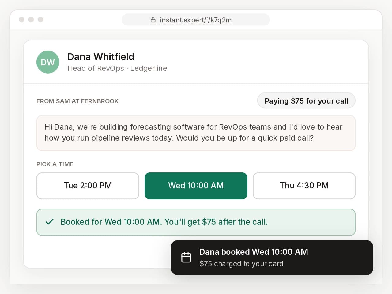 A recipient booking a paid call and the sender being notified